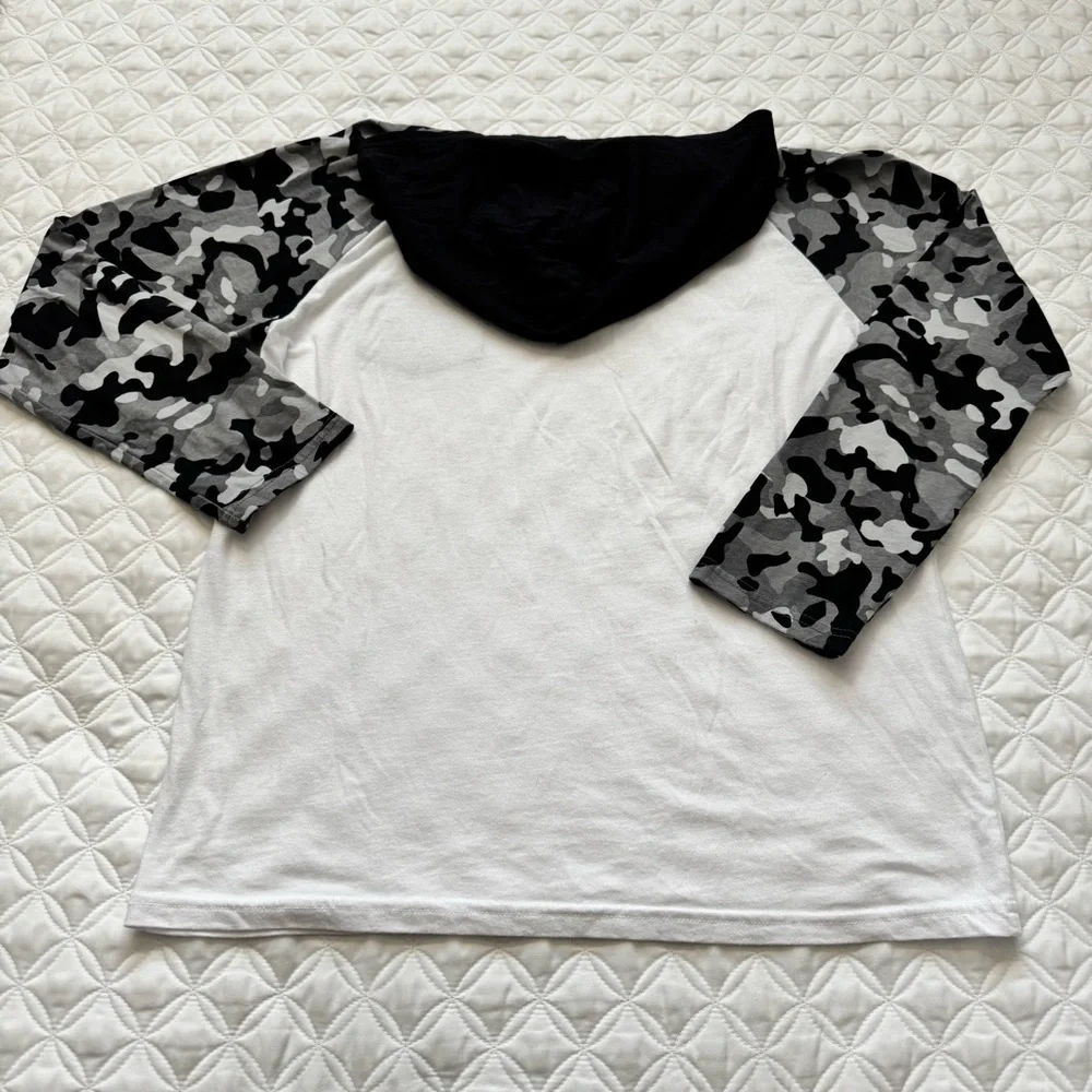 The Children's Place Colorblock Hooded Camo Long Sleeve Top White Black Sz XL